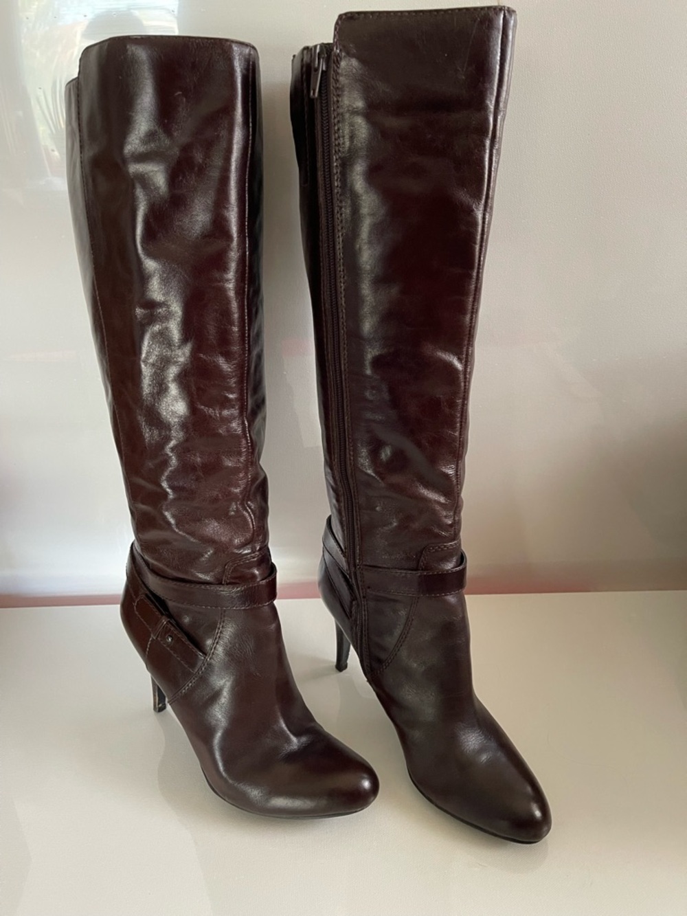 Nine West Tall Brown Leather High-Heel Boots Women’s 9.5M Classic Preppy Fall